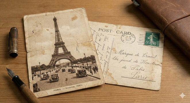 Vintage Sepia Postcard with Eiffel Tower and Handwritten Text on Wooden Table