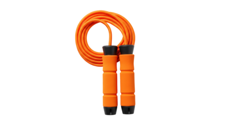 Orange jump rope with black handles for fitness and exercise isolated on transparent background.