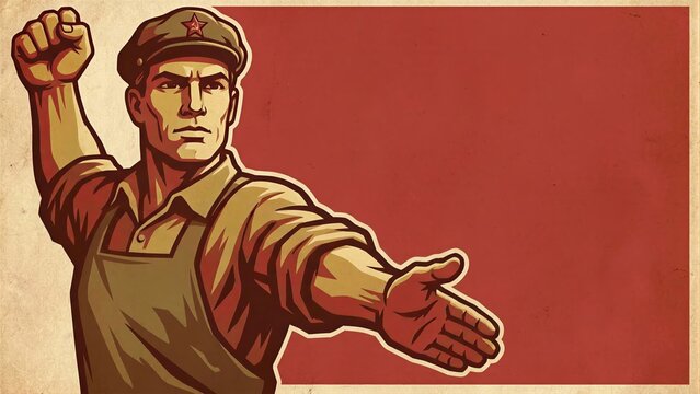 Vintage art of a worker man in a cap with a star raising his fist, reaching his hand out. Retro propaganda poster with blank copy space, gigapixel.