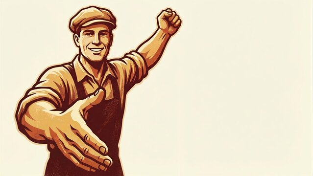 Smiling man extending hand in retro propaganda poster style with fist raised. Worker offer and support concept for Labor Day.