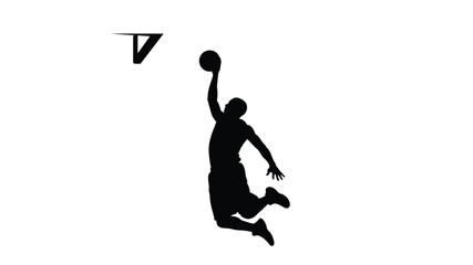 A silhouette of a basketball player in mid air preparing to dunk the ball