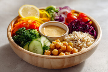 Colorful healthy nutrition meal prep poke bowl with fresh vegetables. Beautifully arranged and served on beige flat lay background.