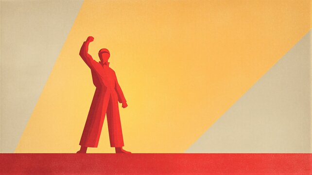 Red man worker with raised fist in classic retro propaganda art style. Powerful social protest movement, revolution concept.