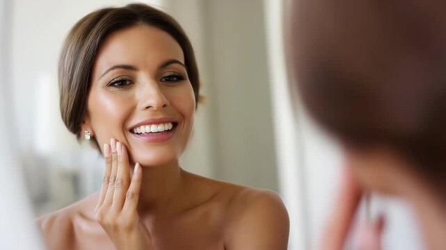 Woman standing in a bathroom, gently touching her smooth, radiant facial skin and smiling happily while admiring her reflection in the mirror, representing self care and beauty routine