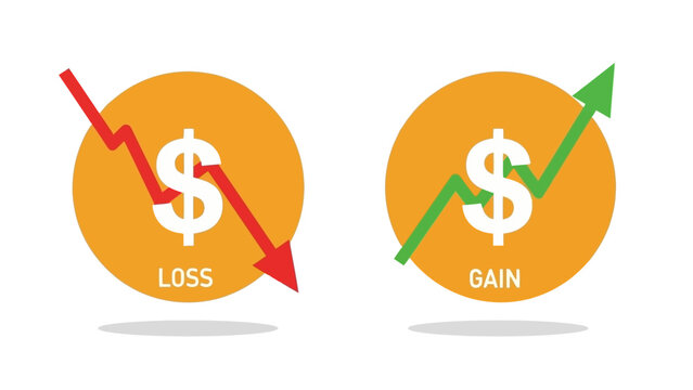 Financial graphs illustrating loss and gain concepts with dollar signs and arrows on circular icons