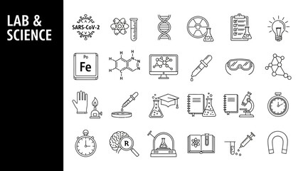 Collection of science and lab icons, including symbols and equipment, displayed in a grid layout on a white background, illustrating various scientific concepts and experiments