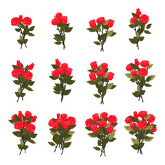 A set of rose bouquets. Openwork illustration isolated on a white background.