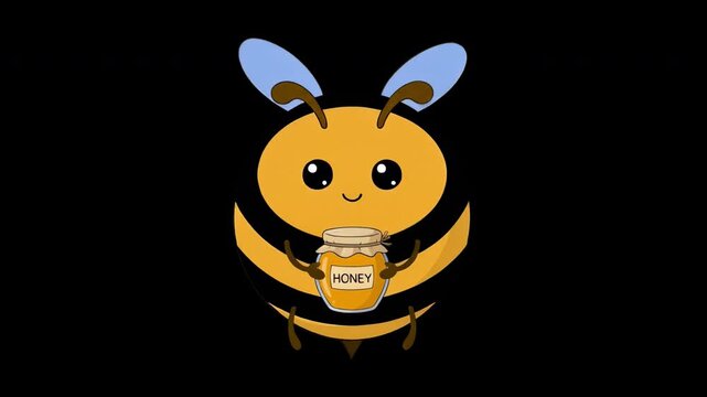 Сute animated bee holding a jar of honey on a transparent background.