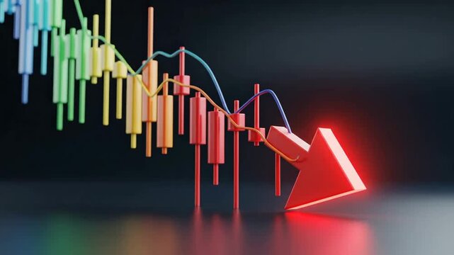 Colorful stock market chart showing a downward trend with a red arrow.