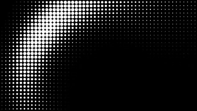 White halftone dots gradient animation on black background, abstract digital dot texture for futuristic motion graphics, technology visuals, modern interfaces and creative video backgrounds