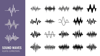 Collection of sound wave icons displayed on a clean white background in various styles and formats