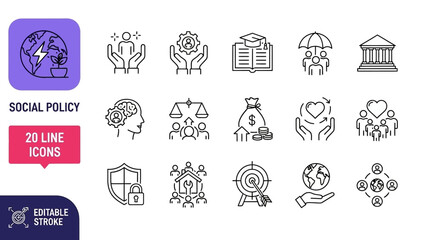 Collection of social policy icons in line style representing various aspects of society