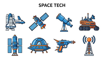 Various space technology illustrations including satellites, telescopes, and spacecraft displayed in a collection © charli