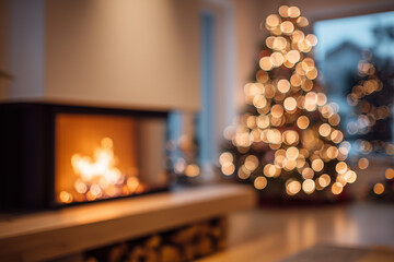 Modern living room on blurry background with fireplace. Decorated Christmas three with bokeh lights.