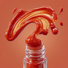 Red nail polish flowing from glass bottle on orange background
