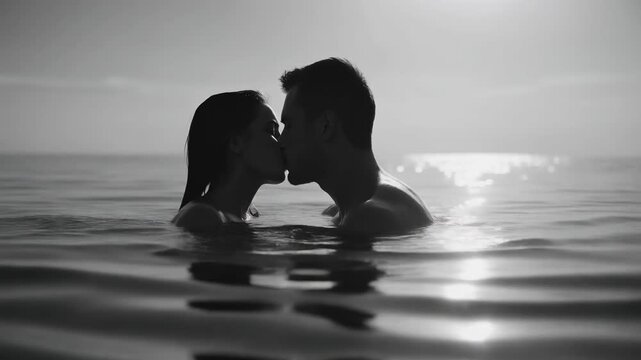 Cinematic black and white sequence of a romantic couple kissing in the ocean. Silhouette of a passionate man and woman sharing an intimate embrace in the water at sunset