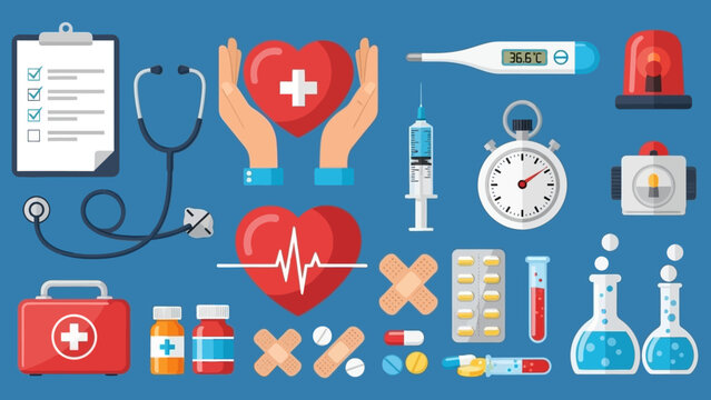 Medical icons and symbols representing healthcare and medicine arranged on a blue background for professional use in documents like real dacuments (198).eps