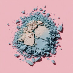 Crushed eyeshadow powder on pink background in close up view