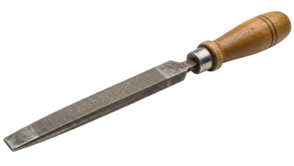 Antique metal file rasp tool with wooden handle on transparent background png (लोहे की रेती)