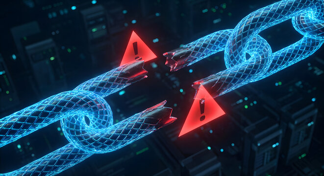broken glowing blue digital chain with red warning alert icons representing a cybersecurity breach data link failure network vulnerability and system error in a server room