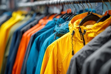 Brightly Colored Windbreakers Hang on Hangers in Shop for Outdoor Activity Sale With Various Styles and Sizes Available