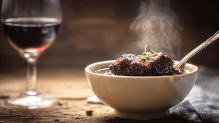 Gourmet slow cooked beef stew served hot in a ceramic bowl with rising steam and a glass of red wine on a rustic wooden table for a cozy winter dinner or fine dining restaurant menu advertisement