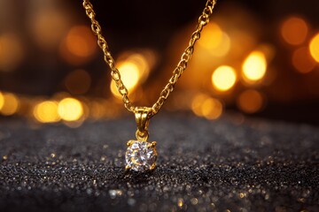 Shining Gold Chain Necklace With Diamond Pendant on Dark Glittery Surface Surrounded by Warm Bokeh Lights