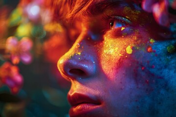 Portrait of a Young Person With Colorful Face Paint Surrounded by Vibrant Flowers in a Natural Setting During Daytime