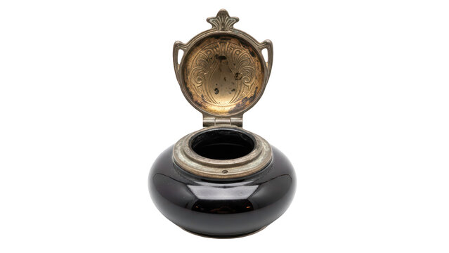 Victorian ceramic and metal inkwell for quill pens on transparent background png (स्याही की बोतल - इंकवेल)