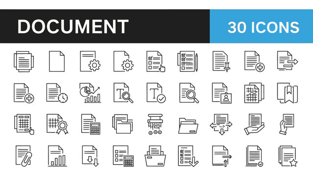 Collection of document icons showcasing various file types and actions in a grid layout
