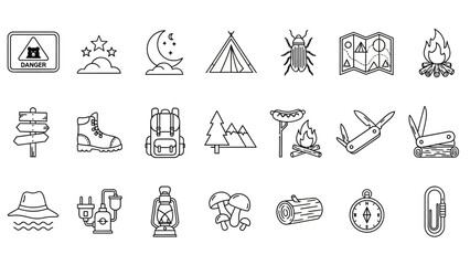 Fototapeta premium Collection of camping icons representing various outdoor activities and elements