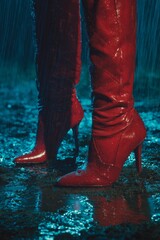 Tall Red Leather Boots Stand on Wet Muddy Ground During Heavy Rain at Night With Cool Lighting and Dramatic Reflections