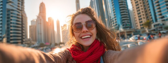 Young Female Digital Influencer Takes Cheerful Selfie in Dubai With Skyscrapers and Bright Afternoon Light