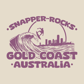 Vector illustration of a retro advertisement for Snapper Rocks, an iconic Australian surf beach.