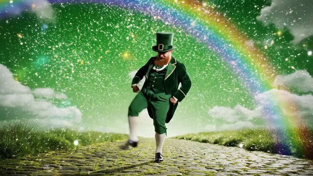 A cheerful caucasian male leprechaun in a green suit celebrates on a mossy cobblestone path. St patrick's day folklore character under a magical sparkling rainbow for good luck