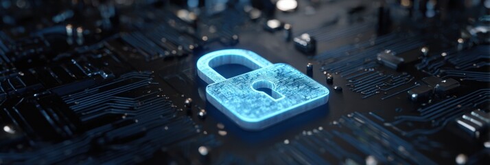 Glowing lock on circuit board symbolizing cybersecurity and data protection