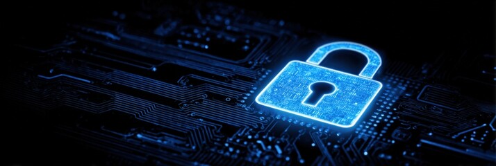 Glowing blue lock symbol on circuit board representation of digital security