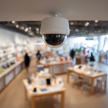 Ceiling-mounted security camera overseeing modern retail electronics store