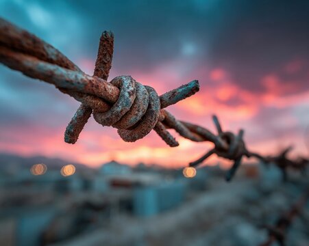 Broken barbed wire against a dramatic sky, symbolizing freedom for World Refugee Day