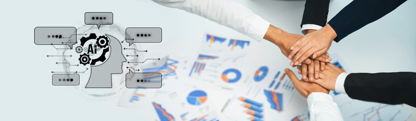 Obraz premium A diverse team collaborates on data analysis, surrounded by graphs and illustrations that emphasize the role of artificial intelligence in business decision making. Trope