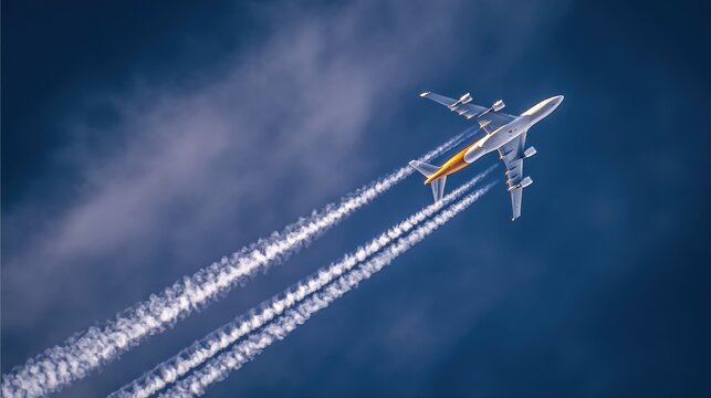 Large airplane with contrails in blue sky - Powered by Adobe