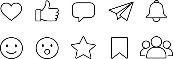 Social media interaction icons set. Like, comment, share, notification and user engagement outline symbols