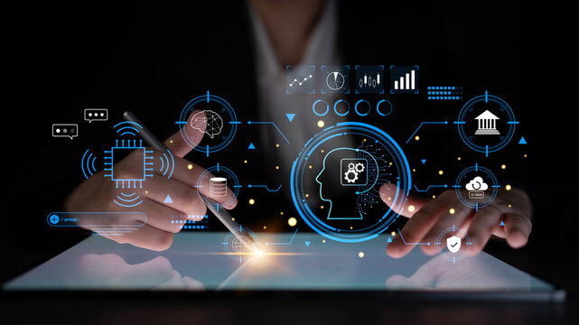 An advanced AI system for business and financial analysis. A futuristic interface for commanding an AI to process data from various domains. Motif - Powered by Adobe