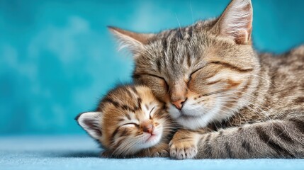 Adorable tabby cat and kitten cuddling together in peaceful nap on blue background