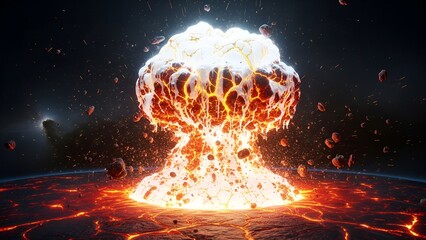 Cataclysmic event erupting from a planetary surface with a large explosion and lava flow