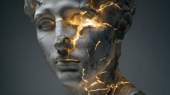 a cracked marble bust with light glowing from inside, golden rays leaking through the fractures, metaphor for inner self emerging beyond ego, 