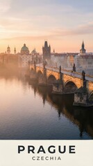 Prague Czechia City Travel Poster Charles Bridge Sunrise Vltava River