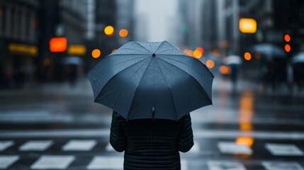 A person holding an umbrella stands in a rainy urban setting, creating a certain mood and atmosphere in the scene