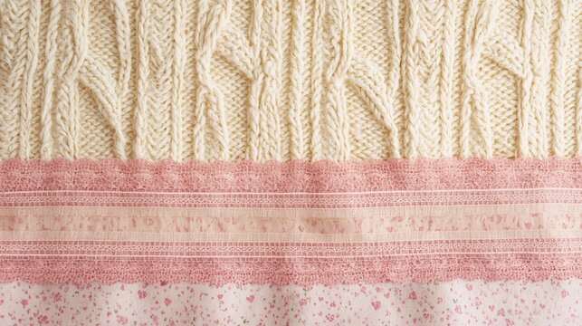 Soft knit textures with a delicate pink lace accent.