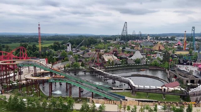 Energylandia, Top view amusement park with water ride and roller coasters